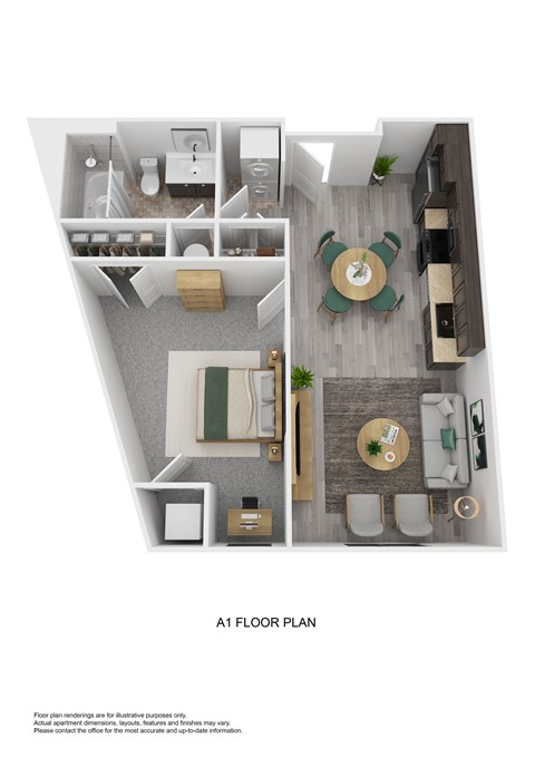 Floor plan for 1 bed, 1 bath